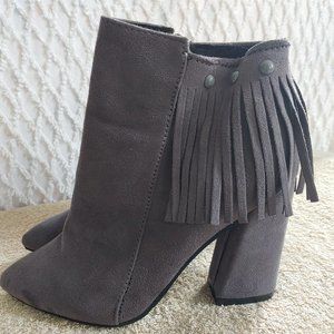 Block Heel Faux Suede Booties Fringe & Button Detail